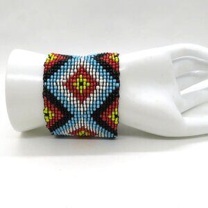 Catherine Stein Bracelet Beaded Cuff 2" Wide Elastic Colorful Diamond Pattern